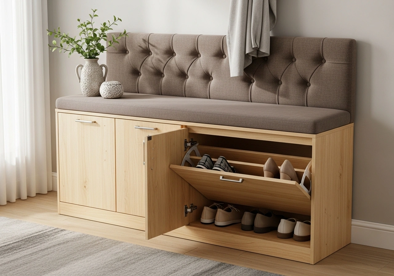 Upholstered Shoe Storage Benches with Cabinet
