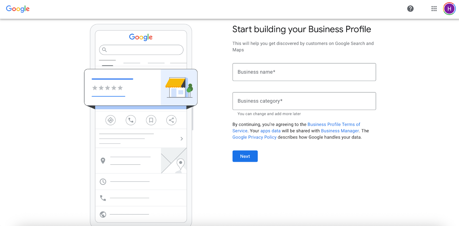 The starting page for creating a Google Business Profile